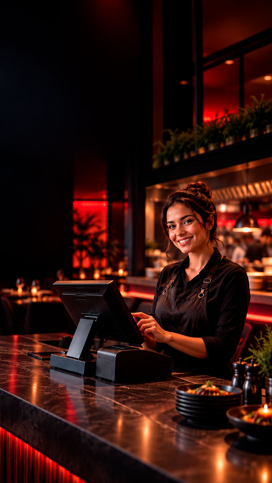 Cajera sonriente cobrando en la computadora de caja de un restaurante, con la cocina al fondo
